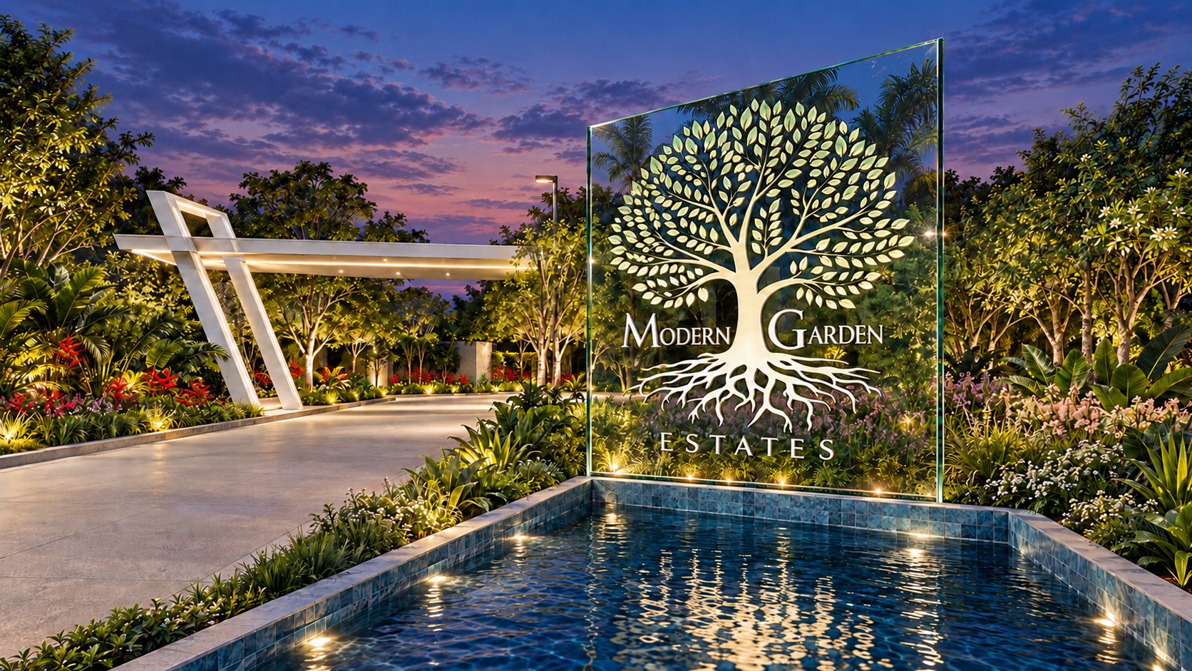 The Modern Garden Estates entrance at twilight: a glass sign with the tree logo above a lit reflecting pool
